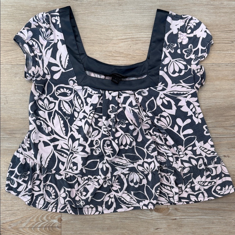 Express Black and Light Pink Floral Square Neck Blouse